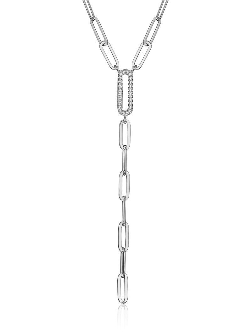 Forever Facets CZ Paperclip Lariat Necklace Hand Set in Sterling Silver, 18" + 2" Extension