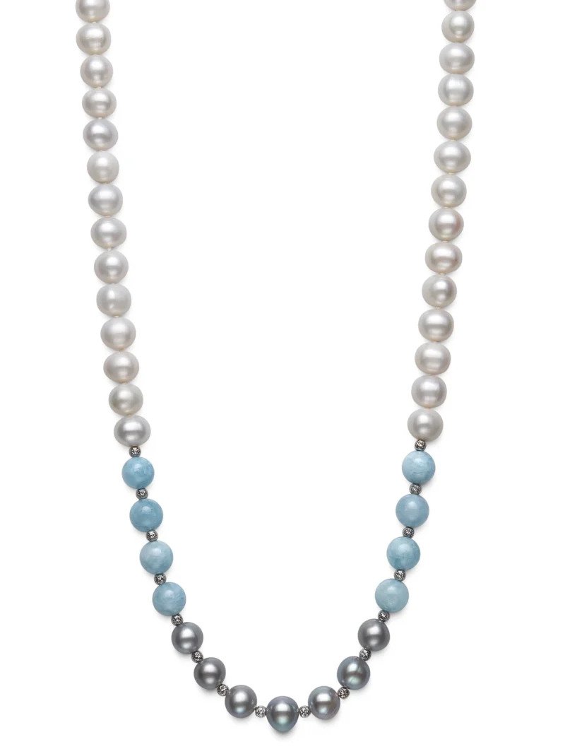 Freshwater Pearl, Milky Aqua and Silver Bead Necklace