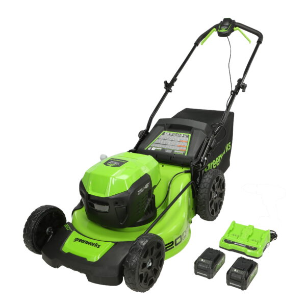 Greenworks 48V 20" Brushless Battery-Powered Lawn Mower + Two (2) 4.0Ah USB Batteries and Charger