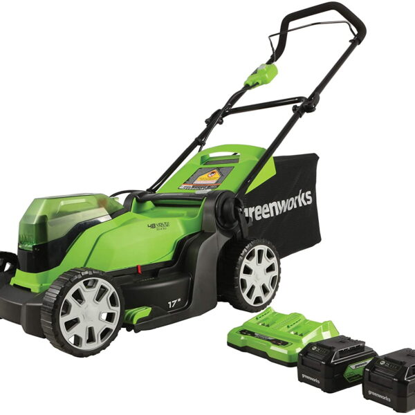 Greenworks 48V (2x24V) 17" Battery Push Mower + 2 x 24V 4Ah Batteries & Dual Port Charger 2526302