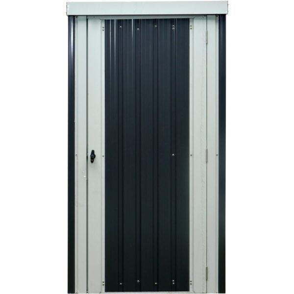Hanover Patio Storage Shed | Galvanized Steel | Twist Lock and Key | 2 Tool Hooks | 3-Ft. x 3-Ft. x 6-Ft. | Dark Gray / White | HANPATSHD-GW