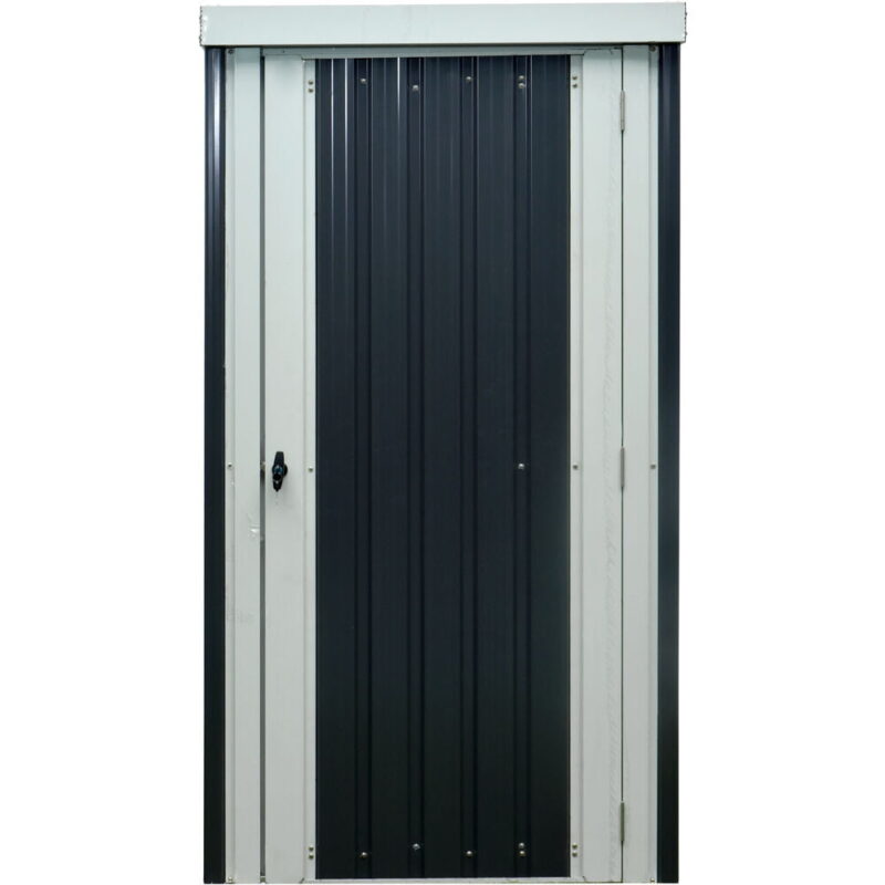 Hanover Patio Storage Shed | Galvanized Steel | Twist Lock and Key | 2 Tool Hooks | 3-Ft. x 3-Ft. x 6-Ft. | Dark Gray / White | HANPATSHD-GW