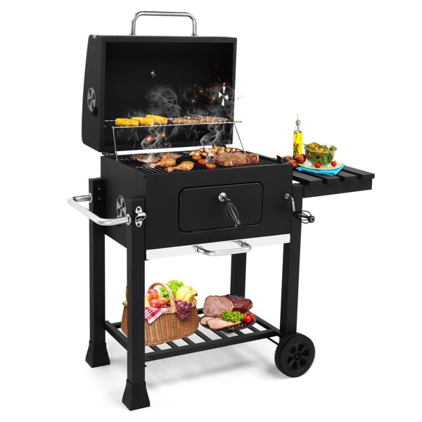 Heavy-Duty Charcoal Grill - Spacious Cooking Area, Height-Adjustable Charcoal Pan, Foldable Side Table & Wheels, for Backyard/Gatherings