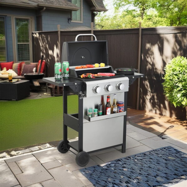 Hommoo 3-Burner Propane Gas BBQ Grill, BBQ Grill with Foldable Side Table and Wire Enamel Cooking Grids, for Outdoor Barbecue