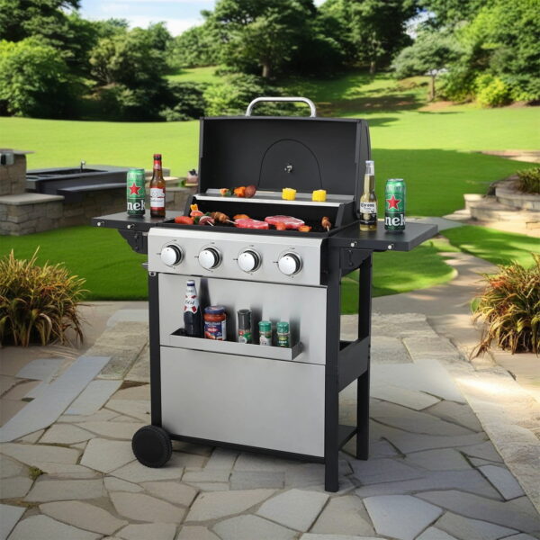 Hommoo 4-Burner Propane Gas BBQ Grill, BBQ Grill with Foldable Side Table and Wire Enamel Cooking Grids, for Outdoor Barbecue