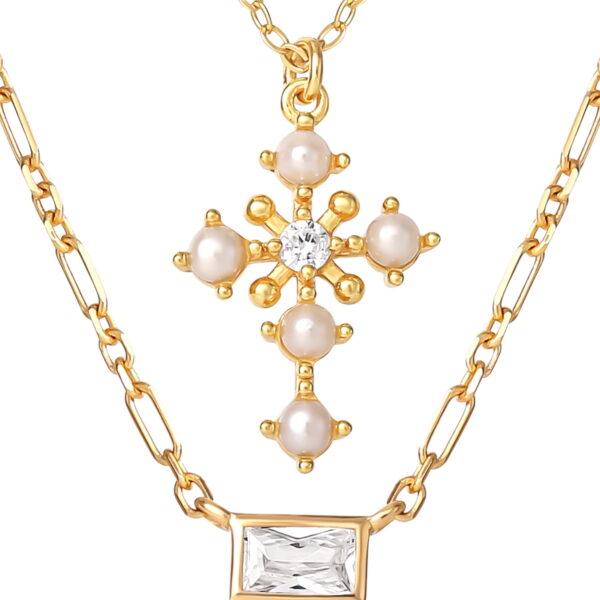 JS Jessica Simpson Gold Plated Sterling Silver CZ and Pearl Cross Layering Necklace Set