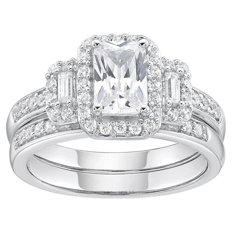 Jay Heart Designs 925 Sterling Silver Emerald Cut Simulated White Diamond Bridal Engagement Ring Set