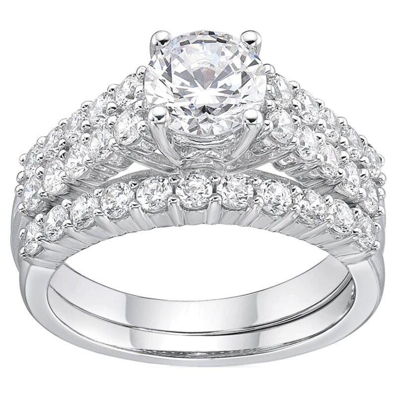 Jay Heart Designs 925 Sterling Silver Simulated White Diamond Round Bridal Engagement Ring Set