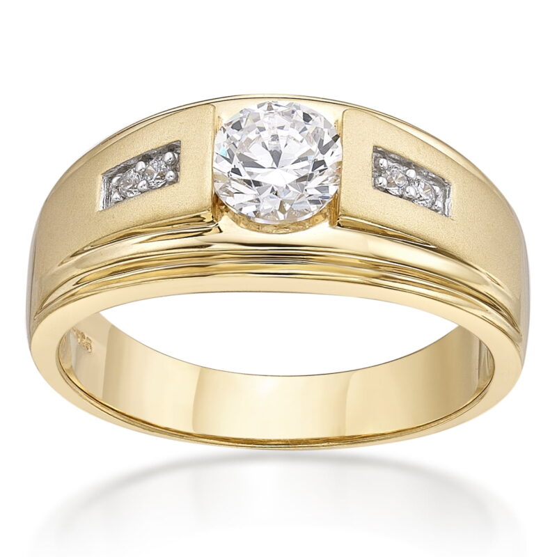 Jay Heart Designs 925 Sterling Silver with 14K Yellow Gold Plating Simulated White Diamond Round Center Men\'s Ring