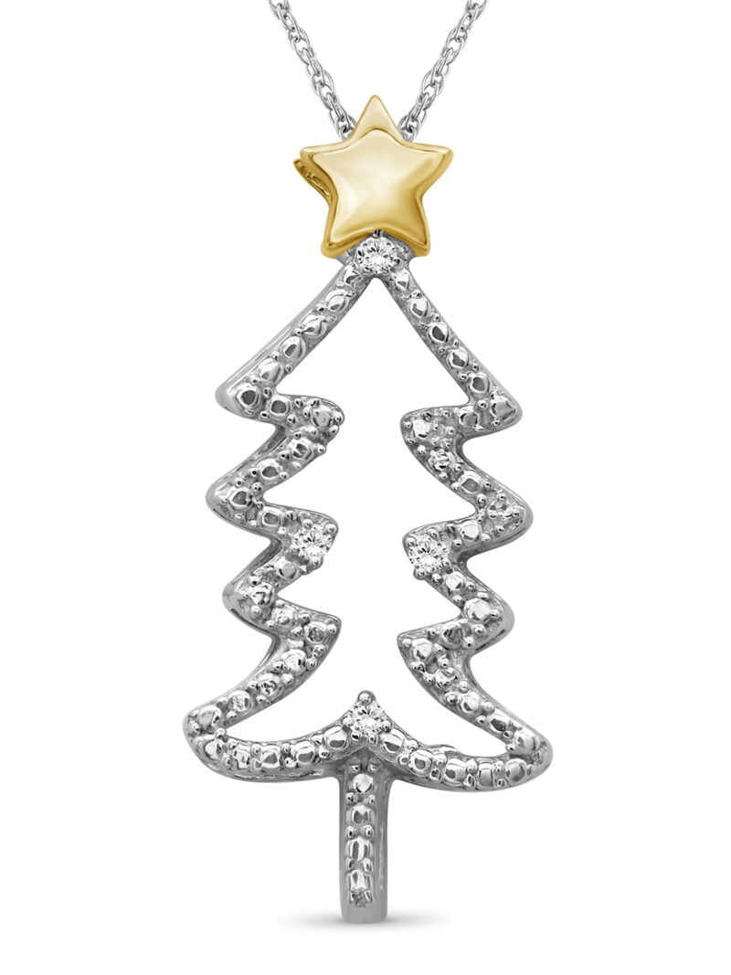 JewelersClub Christmas Tree Necklace Diamond Necklace for Women – Genuine White Diamond, Two-Tone Silver Necklace Christmas Tree – Christmas Gifts for Women – Silver Diamond Pendant Necklace for Women