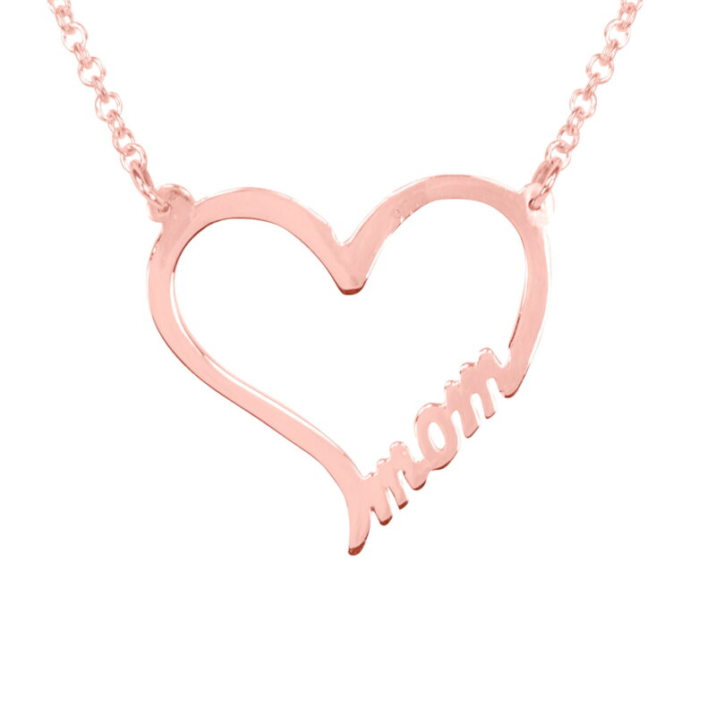 MOM Heart Necklace in Sterling silver. 14K yellow gold plated sterling silver, or 14K rose gold plated sterling silver