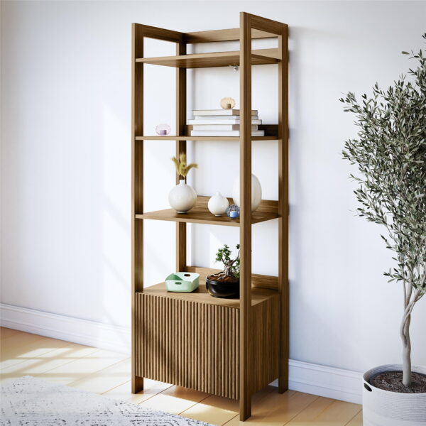 Mainstays 4-Shelf Reeded Bookcase with Drawer, Natural Teak
