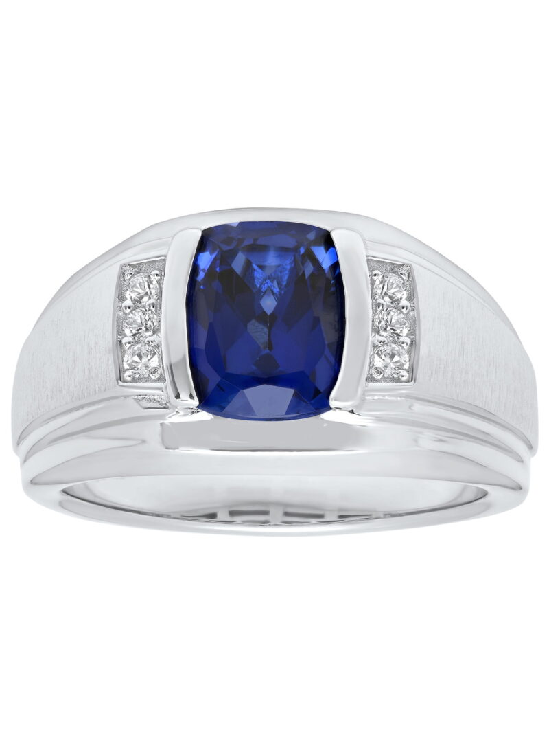 Men's .925 Sterling Silver With Created Blue Sapphire and Simulated Diamonds Ring