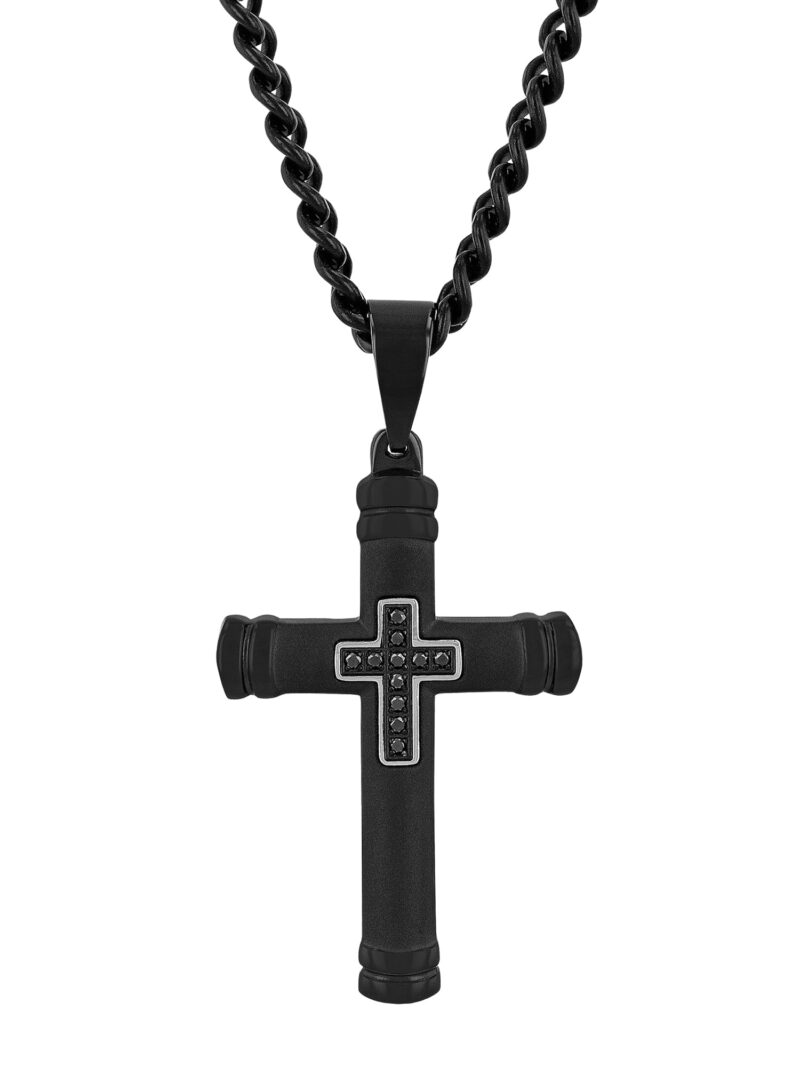 Men's Black Diamond Accent Black Stainless Steel Cross Pendant 24" Necklace
