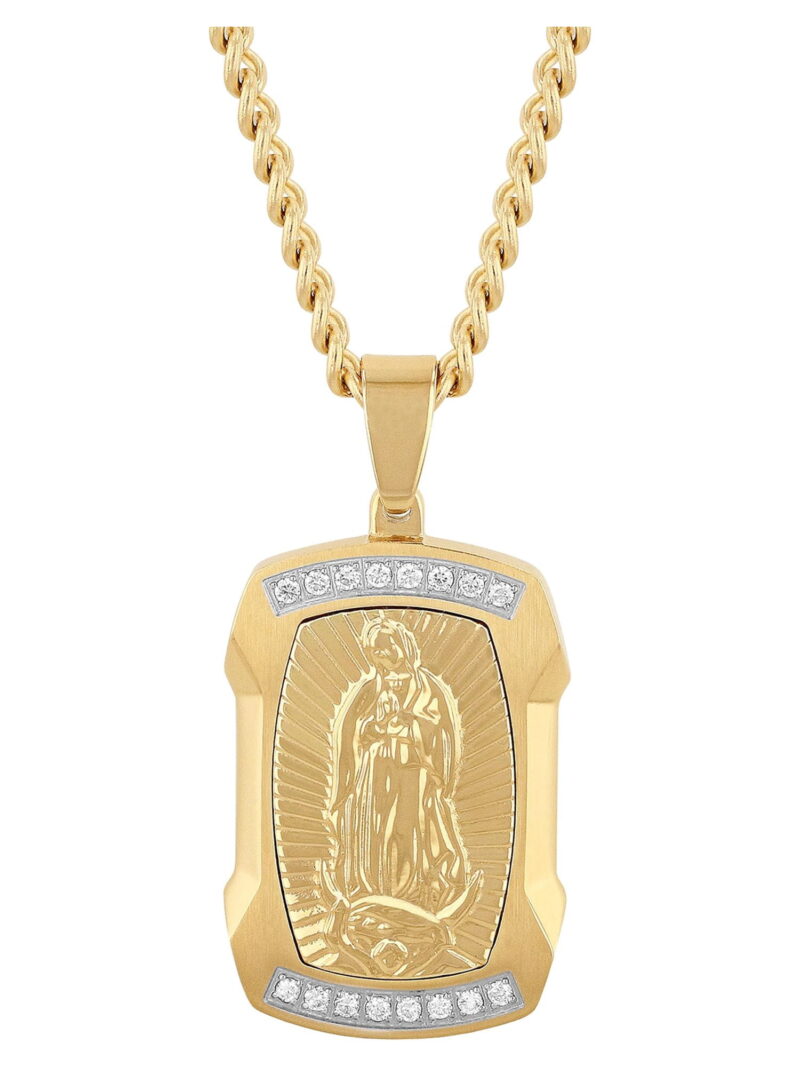 Mens 1/4 ctw Lab-Grown Diamond Gold-Tone Stainless Steel Virgin of Guadalupe Medallion Pendant Necklace