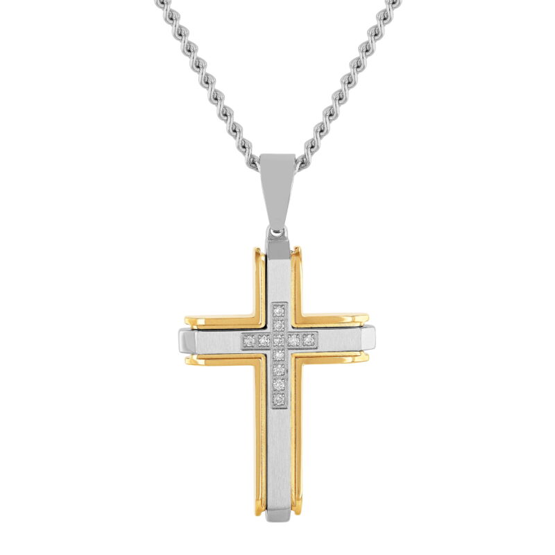 Brilliance Fine Jewelry Mens 1/4 ctw Lab-Grown Diamond Two-Tone Stainless Steel Cross Pendant Necklace