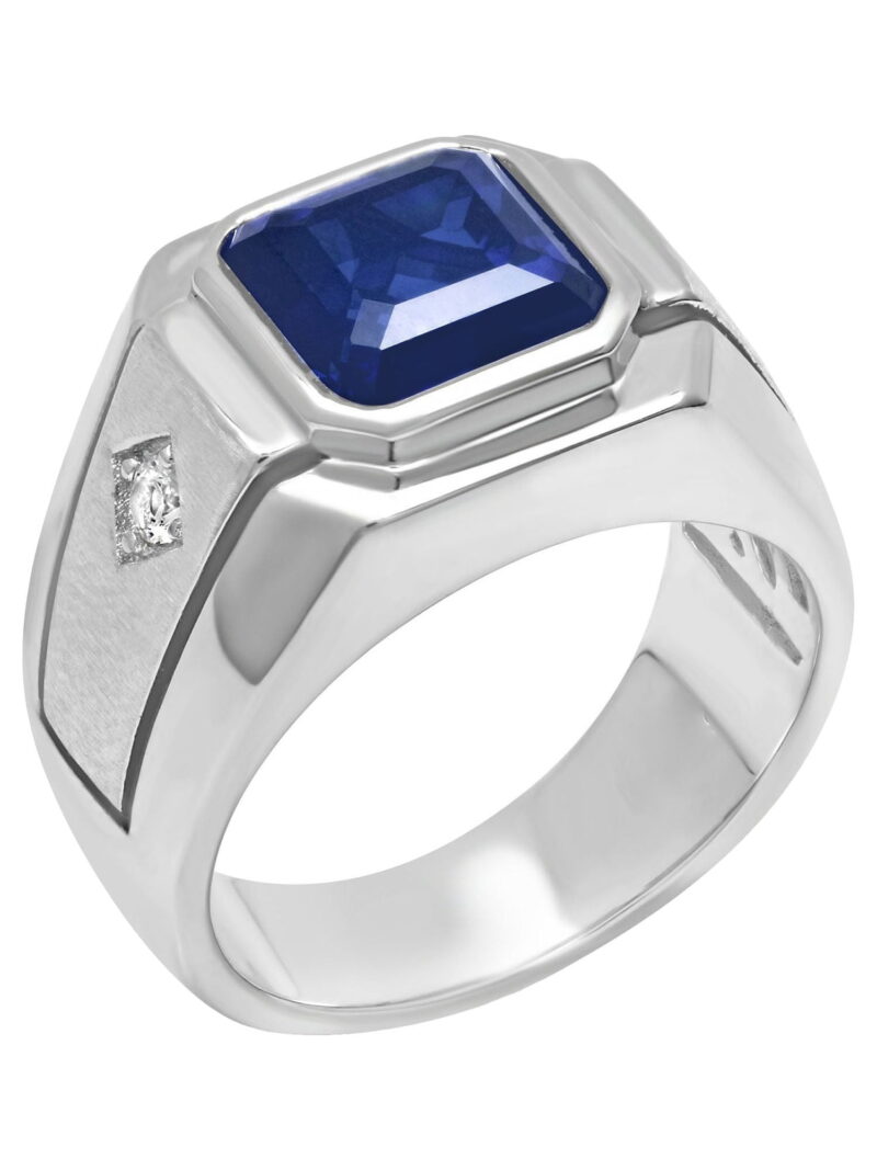 Mens .925 Sterling Silver Square-Cut Blue Sapphire Gemstone Ring