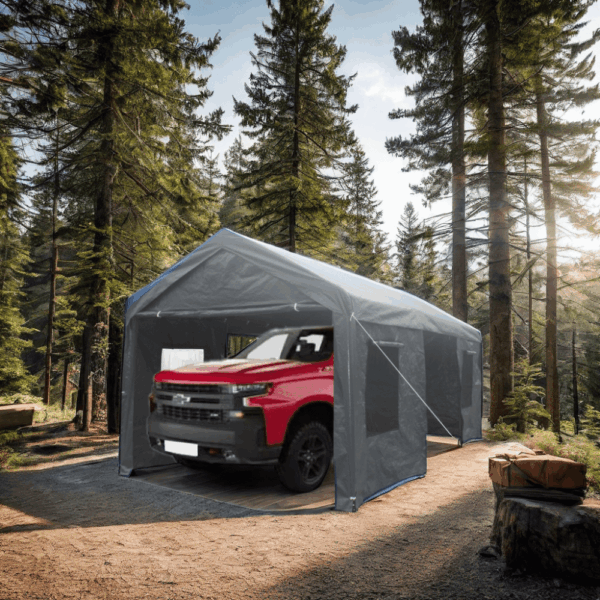 Miniyam Outdoor Carport, 10'x20' Heavy Duty Carport with Roll-up Ventilated Windows, Portable Garage with Removable Sidewalls & Doors for Car, Truck, Gray