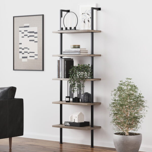 Nathan James Theo 5-Shelf Ladder Bookcase Rustic Gray Oak Wood Black Metal Frame