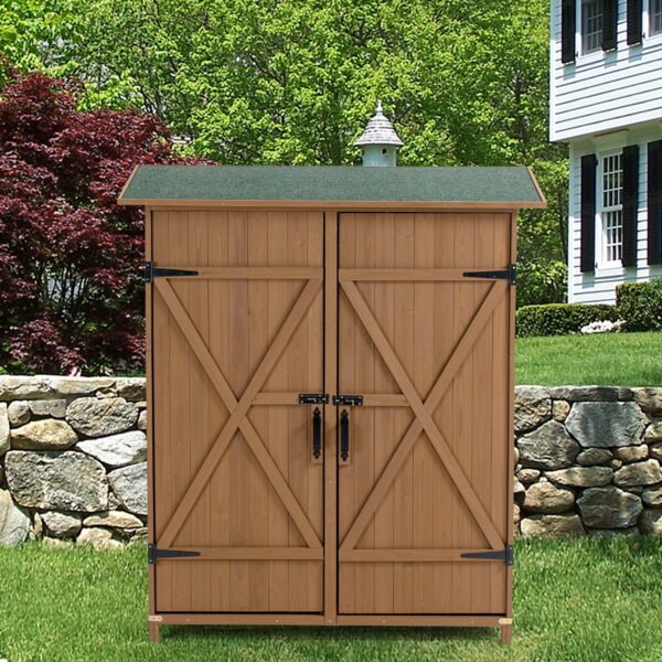 Outdoor Storage Shed with Lockable Door, Wooden Tool Storage Shed with Detachable Shelves and Pitch Roof, Brown