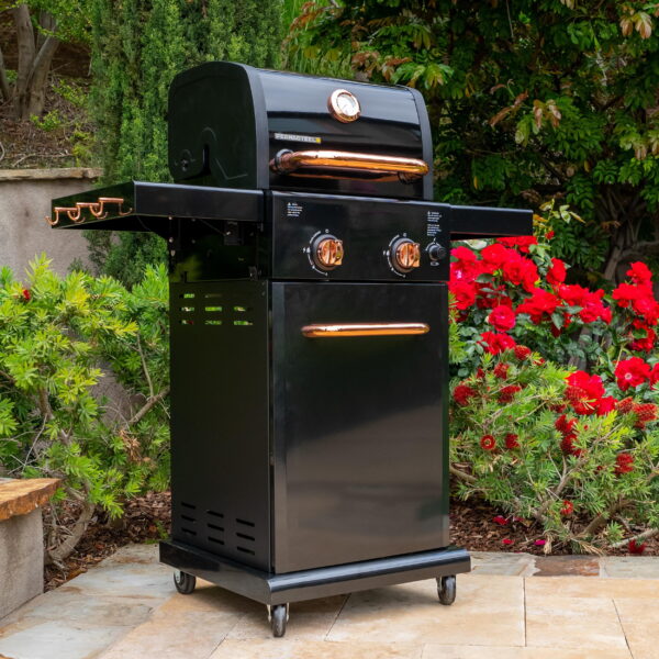 Permasteel 2-Burner Compact Propane Gas Grill with Foldable Sides, Black with Copper Accent