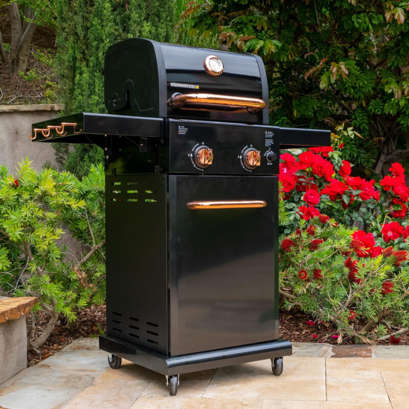Permasteel 2-Burner Compact Propane Gas Grill with Foldable Sides, Black with Copper Accent