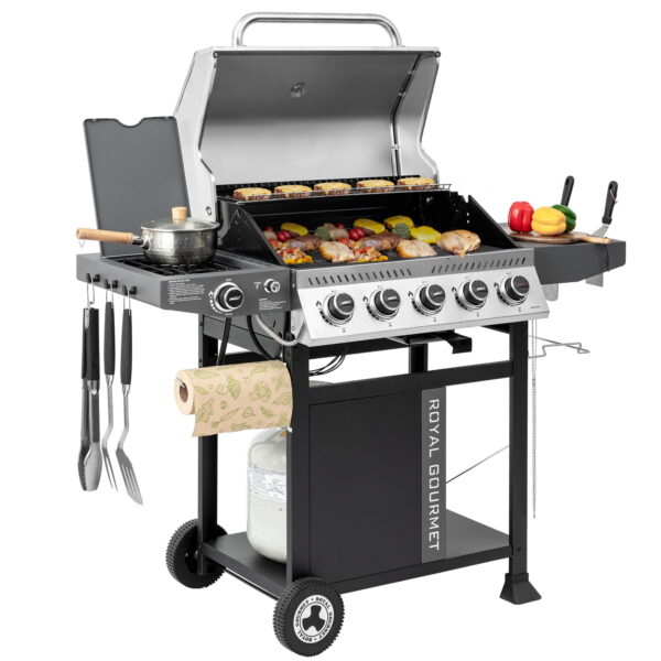 Royal Gourmet GA5406TS 5-Burner Gas Grill with Side Burner and Sear Burner,Cart Style Gas Grill with Side Shelf for Patio Garden Picnic Backyard Cooking, Silver & Black