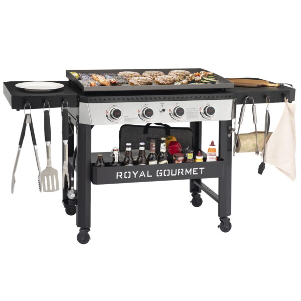 Royal Gourmet GB4007 34-inch 4-burner Propane Gas Griddle, Griddle with Collapsible Side Shelves and Front Basket