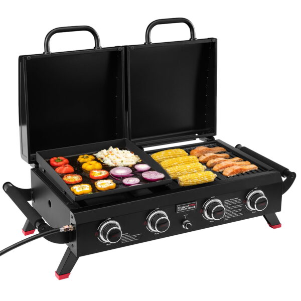 Royal Gourmet GD4002TP Portable Tabletop Grill & Griddle Combo with Hood,4-Burner Portable Gas Grill for Backyard, Camping, Black