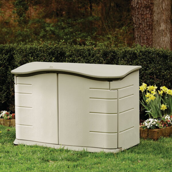 Rubbermaid Horizontal Storage Shed, Olive & Sandstone 58.5"L x 35.8"W x 11.8"H  49.7lbs