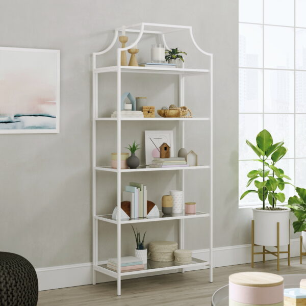 Sauder Anda Norr 5-Shelf Metal Framed Glass Bookcase, White Finish