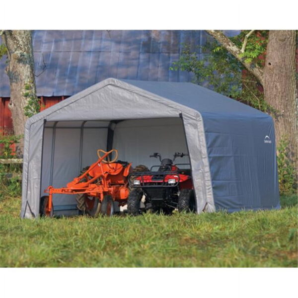 ShelterLogic Peak Style Storage Shed with Ratchet Tite & Easy Slide Cross Rail, 12' x 12' x 8', Gray