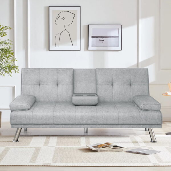 Sofa Bed with Cup Holder Convertible Futon Couches Adjustable Backrest Modern Linen Furniture Upholstery for Living Room