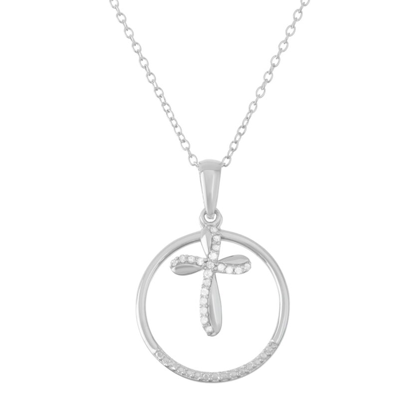 Sterling Silver Diamond Accent Circle Cross Necklace 19 Inch