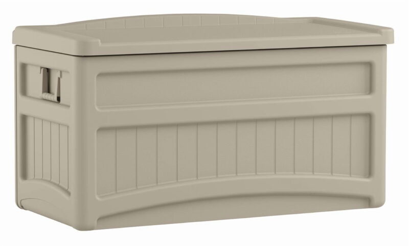 Suncast 73-Gallon Resin Outdoor Storage Deck Box with Seat for Patio, Taupe, 46 x 25.5 x 23.75 in.