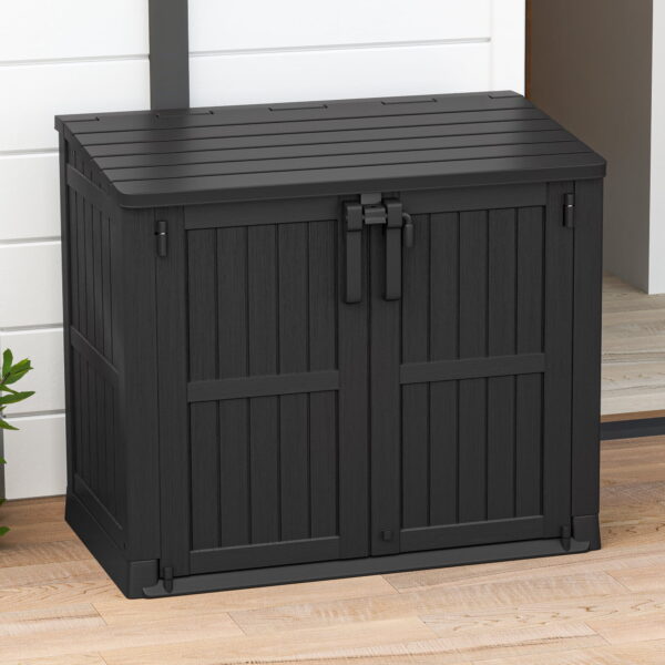 UFORIC Horizontal Resin Storage Shed with Lockable Door, Floor, Locking Latch, Tool Organizer