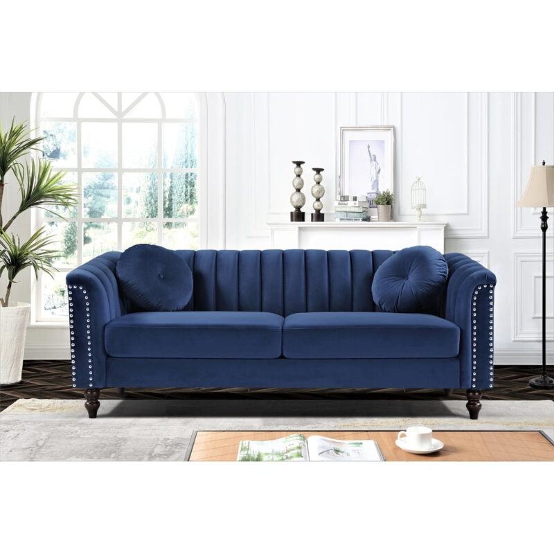 US PRIDE FURNITURE Hills Tufted Back Nailhead 75.2" Sofa-Dark Blue