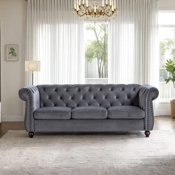 US Pride Furniture Chester 83 in. Wide Rolled Arm Velvet Modern Straight living Room Sofa, Gray
