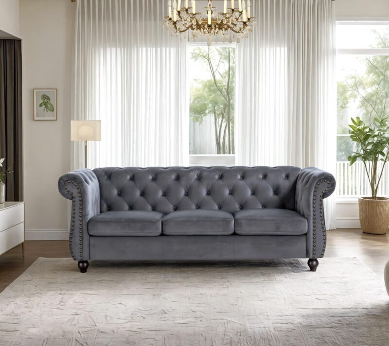 US Pride Furniture Chester 83 in. Wide Rolled Arm Velvet Modern Straight living Room Sofa, Gray
