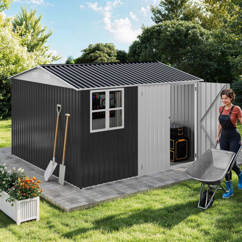 Uforic 10x10ft Storage Shed with Windows, Lockable Doors & Sloped Roof,Large Gray Metal Garden Shed for Patio,Backyard,Garage,and Lawn