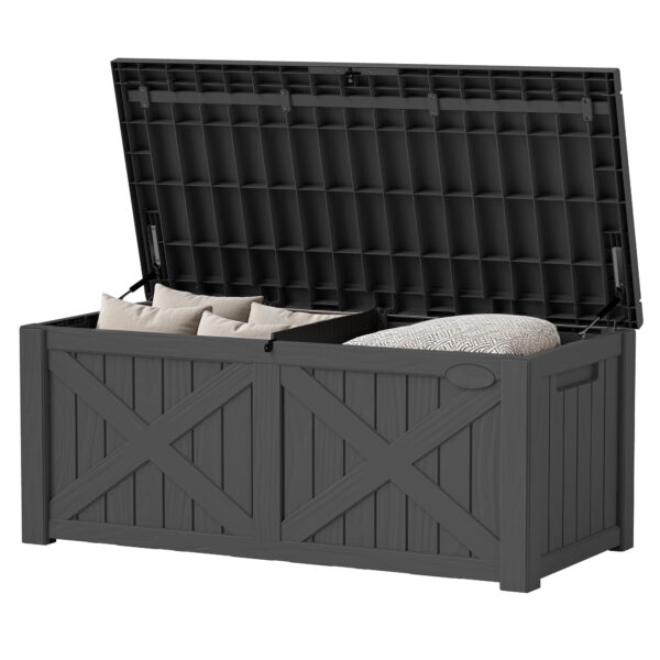 Uforic 120 Gallon Large Outdoor Deck Box, Outdoor Resin Storage Boxes  with X-Shaped Front ,Waterproof & Lockable,Dark Gray