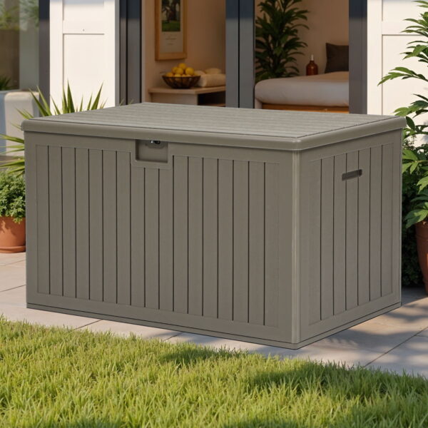 Uforic 180 Gallon Extra Large Outdoor Deck Box, Double-Wall Resin Storage Box with Flexible Divider, Lockable,‎Weatherproof,Light Brown