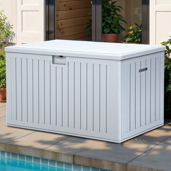 Uforic 180 Gallon Extra Large Outdoor Deck Box, Double-Wall Resin Storage Box with Flexible Divider, Lockable,‎Weatherproof,White