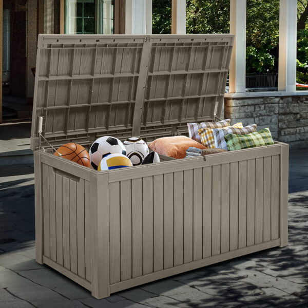Uforic ﻿180 Gallon Resin Deck Box,Large Outdoor Storage box with Built-in Divide for Patio, Weatherproof and Lockable,Light Brown