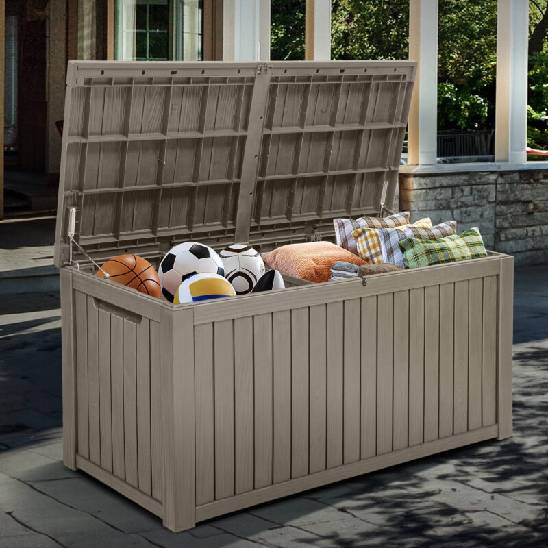 Uforic ﻿180 Gallon Resin Deck Box,Large Outdoor Storage box with Built-in Divide for Patio, Weatherproof and Lockable,Light Brown