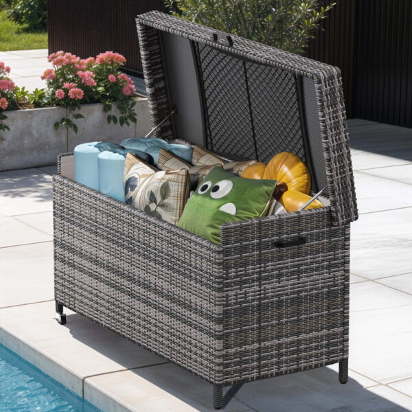 Uforic 200 Gallon Large Outdoor Rattan Deck Box, Storage Box with Storage Net & Movable Wheels for Patio Furniture, Garden Tools, Gray