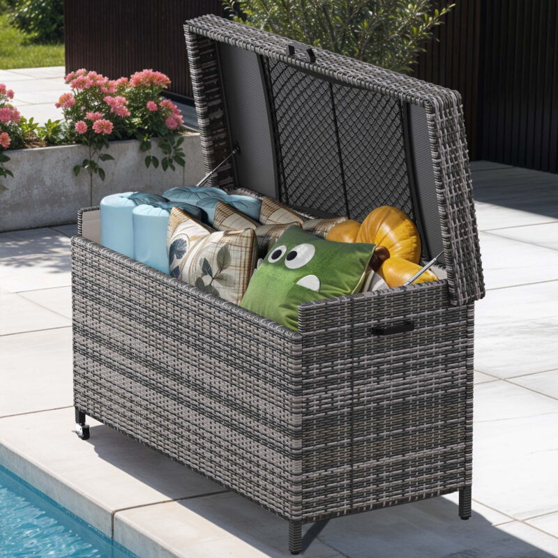 Uforic 200 Gallon Large Outdoor Rattan Deck Box, Storage Box with Storage Net & Movable Wheels for Patio Furniture, Garden Tools, Gray