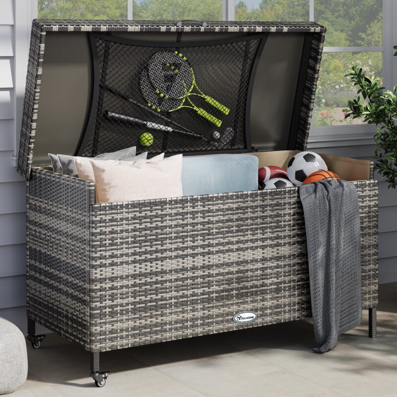 Uforic 200 Gallon Outdoor Wicker Storage Box, Extra Large Rattan Deck Box,Waterproof Patio Storage Box w/Storage Net,Grey