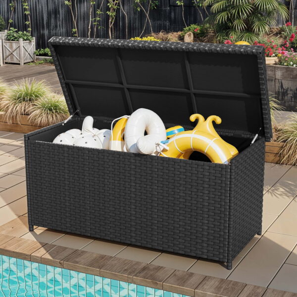 Uforic 260-Gallon Wicker Outdoor Deck Boxes with Waterproof Liner Bag, Rattan Storage Bin, Large Storage Deck Box - Black