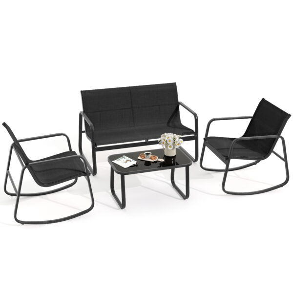 Uforic 4 Pieces Outdoor Furniture Set Patio Textilene Steel Conversation Set, Rocking Bistro Set with Loveseat Glass Table - Black